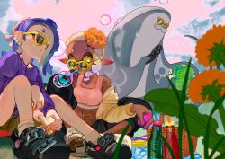 Rule 34 | 1boy, 2girls, big man (splatoon), blue hair, bubble, colored eyelashes, earrings, eyelashes, food, frye (splatoon), hair over one eye, hairband, highres, holding, holding food, inkling, itou (golem inc), jewelry, long hair, long pointy ears, multiple earrings, multiple girls, nintendo, octoling, outdoors, pink tank top, pointy ears, pout, purple shirt, sandwich, shirt, shiver (splatoon), shoes, short eyebrows, socks, splatoon (series), splatoon 3, star-shaped pupils, star (symbol), sunglasses, symbol-shaped pupils, tank top, tentacle hair, thick eyebrows, tooth earrings, white hairband, white socks, yellow-framed eyewear, yellow pupils