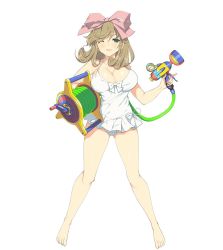 Rule 34 | 10s, 1girl, bare shoulders, barefoot, bow, breasts, cleavage, full body, gluteal fold, green eyes, hair bow, haruka (senran kagura), holding, large breasts, light brown hair, long hair, looking at viewer, official art, one-piece swimsuit, one eye closed, parted lips, senran kagura, senran kagura peach beach splash, smile, solo, swimsuit, water gun, white one-piece swimsuit, yaegashi nan