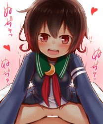 Rule 34 | 10s, 1boy, 1girl, blush, bottomless, breasts, brown eyes, brown hair, cardigan, censored, cowgirl position, girl on top, hetero, highres, kantai collection, mutsuki (kancolle), open mouth, penis, pov, pussy, rantana (lalalalackluster), red hair, school uniform, sex, short hair, smile, solo focus, straddling, sweat, translation request, vaginal