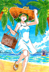 2girls :d adjusting_clothes adjusting_headwear bare_arms basket beach blue_hair blue_sky borrowed_character breasts cacodemon chimera cloud coconut_tree colored_sclera commentary commentary_request creature cyclops day demon_girl dog doom_(series) dress english_commentary evileye-tan foot_out_of_frame green_hair hand_on_headwear hat highres holding holding_basket holding_picnic_basket innertube looking_at_viewer medium_breasts multiple_girls octopus one-eyed open_mouth outdoors painting_(medium) palm_tree personification picnic_basket polka_dot_innertube sand sandals short_hair signature sky smile solo_focus standing standing_on_one_leg straw_hat substance20 sun_hat swim_ring swimsuit toes traditional_media tree water watercolor_(medium) white_dress yellow_eyes yellow_sclera