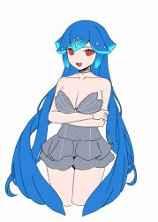 Rule 34 | 1girl, :d, bad id, bad twitter id, bao (vtuber), bao (vtuber) (1st costume), blue hair, blush, breasts, cleavage, cowboy shot, cropped legs, crossed arms, dot nose, dress, grey dress, indie virtual youtuber, large breasts, long hair, looking at viewer, open mouth, red eyes, short dress, simple background, siun, smile, solo, standing, very long hair, virtual youtuber, white background