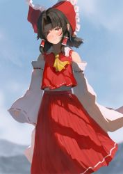 Rule 34 | 1girl, ascot, bare shoulders, black hair, blue sky, blush, bow, brown hair, closed mouth, cloud, cloudy sky, collar, collared vest, detached sleeves, fjsmu, hair ornament, hair tubes, hakurei reimu, highres, long hair, long skirt, long sleeves, looking at viewer, mountain, red bow, red eyes, red skirt, red vest, shaded face, shirt, short hair, skirt, sky, smile, solo, standing, touhou, vest, white shirt, white sleeves, wide sleeves, yellow ascot