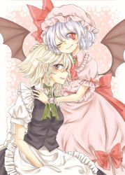 Rule 34 | 2girls, apron, ascot, bat wings, blue hair, blush, bow, braid, brooch, dress, fang, hand on another&#039;s head, hat, hat bow, head rest, heart, hug, izayoi sakuya, jewelry, looking at viewer, maid, maid apron, maid headdress, maru usagi, mob cap, multiple girls, one eye closed, open mouth, pink dress, pink eyes, pointy ears, puffy sleeves, purple eyes, remilia scarlet, shirt, short sleeves, silver hair, simple background, skirt, skirt set, slit pupils, smile, touhou, twin braids, vest, waist apron, white background, wings, wink, wrist cuffs