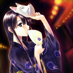 Rule 34 | 1girl, black hair, blunt bangs, blurry, blurry background, brown eyes, commentary request, dutch angle, fox mask, hand fan, holding, holding fan, japanese clothes, kimono, lantern, long hair, looking at viewer, looking to the side, mask, mask on head, morino kiriko, night, obi, open mouth, original, outdoors, paper fan, paper lantern, purple kimono, sash, solo, uchiwa, upper body, wide sleeves, yellow sash, yukata
