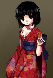 Rule 34 | 1girl, black hair, blue sash, blunt bangs, bob cut, breasts, brown background, commentary request, doll, doll joints, empty eyes, floral print, japanese clothes, joints, kai himo, kimono, long sleeves, looking at viewer, medium breasts, obi, off shoulder, parted lips, reaching, reaching towards viewer, red eyes, red kimono, ringed eyes, sash, short hair, smile, solo, wide sleeves