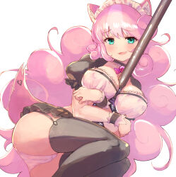 Rule 34 | 1girl, :d, animal ear fluff, animal ears, ass, between breasts, black skirt, black thighhighs, breasts, feet out of frame, green eyes, highres, large breasts, long hair, looking at viewer, maid headdress, microskirt, multicolored hair, nyama, hugging object, open mouth, panties, pink hair, pleated skirt, puffy short sleeves, puffy sleeves, short sleeves, show by rock!!, skirt, smile, solo, sumomone (show by rock!!), tail, thighhighs, two-tone hair, underwear, very long hair, white panties