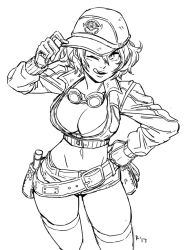 Rule 34 | 10s, 1girl, baseball cap, belt, breasts, cidney aurum, cleavage, contrapposto, cowboy shot, cropped jacket, final fantasy, final fantasy xv, gloves, goggles, goggles around neck, greyscale, hand on own hip, hat, kinuko (kinucakes), large breasts, looking at viewer, midriff, monochrome, one eye closed, short hair, short shorts, shorts, signature, simple background, smile, solo, standing, thighhighs, tongue, tongue out, white background