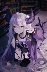Rule 34 | 1girl, absurdres, bags under eyes, black nails, boots, grey hair, highres, hololive, horns, jacket, karou (lhscck302), la+ darknesss, long hair, looking at viewer, multicolored hair, pointy ears, purple hair, skirt, solo, squatting, streaked hair, tail, two-tone hair, very long hair, virtual youtuber, w