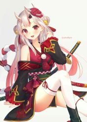 Rule 34 | 1girl, blush, commentary request, highres, hololive, horns, japanese clothes, long hair, looking at viewer, mask, nakiri ayame, nakiri ayame (1st costume), oni mask, open mouth, red eyes, silver hair, simple background, sitting, skin-covered horns, solo, thighhighs, tokoshibyra, virtual youtuber, white background