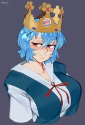 Rule 34 | 1girl, absurdres, alternate breast size, artist name, ayanami rei, blue hair, blue vest, breasts, burger king, collared shirt, crown, grey background, highres, jetblue racist burger king (meme), large breasts, looking at viewer, meme, neon genesis evangelion, nezulet, red eyes, red ribbon, ribbon, school uniform, shirt, short hair, signature, smile, solo, vest, white background