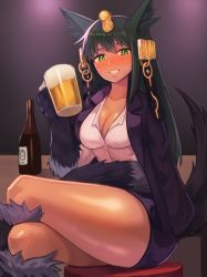 Rule 34 | 1girl, :d, absurdres, alcohol, alternate costume, animal ears, animal hands, anubis (monster girl encyclopedia), beer, beer mug, blush, bottle, breasts, cleavage, collared shirt, commentary, commission, crossed legs, cup, drunk, egyptian, english commentary, gold trim, green eyes, green hair, hair ornament, hand up, headdress, highres, holding, jackal ears, jackal tail, jacket, jacket on shoulders, large breasts, long hair, looking at viewer, miniskirt, monster girl, monster girl encyclopedia, mug, office lady, open mouth, parted lips, pencil skirt, popped collar, purple skirt, sake bottle, shirt, sitting, skirt, smile, snake hair ornament, solo, sookmo, stool, tail, third-party source, white shirt, wolf ears, wolf tail