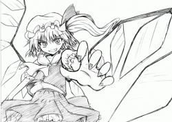 Rule 34 | 1girl, angry, ascot, collar, crystal, demon tail, dress, female focus, flandre scarlet, greyscale, hat, long hair, looking at viewer, mob cap, monochrome, outstretched arm, side ponytail, simple background, solo, tail, touhou, white background, wings