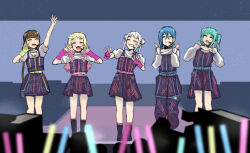 Rule 34 | 5girls, 5yncri5e! (love live!), arashi chisato, arm up, arm warmers, black socks, blonde hair, blue hair, brown hair, closed eyes, closed mouth, coco apollon, commentary request, crowd, dress, glowstick, green hair, hands up, headset, jellyfish (love live!), long hair, long sleeves, love live!, love live! superstar!!, multicolored clothes, multicolored dress, multicolored pants, multiple girls, onitsuka natsumi, onitsuka tomari, open mouth, pants, penlight (glowstick), sakurakoji kinako, short hair, siblings, sisters, smile, socks, stage, standing, twintails, wakana shiki, white hair