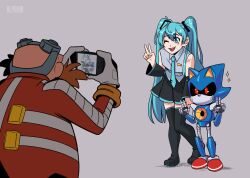 Rule 34 | 1girl, 2boys, alyrian, aqua eyes, aqua hair, bald, black sclera, cellphone, colored sclera, commentary, crossover, dr. eggman, english commentary, facial hair, goggles, goggles on head, grey background, hatsune miku, holding, holding phone, jacket, metal sonic, multiple boys, mustache, necktie, no mouth, non-humanoid robot, one eye closed, phone, red eyes, robot, robot animal, simple background, skirt, smartphone, sonic (series), sparkle, taking picture, thighhighs, twintails, v