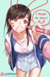 Rule 34 | 1girl, animal ears, animal print, aqua background, artist name, blue jacket, breasts, brown eyes, brown hair, collarbone, d.va (overwatch), facial mark, fake animal ears, female pov, hand in pocket, heart, heart-shaped pupils, highres, holding, jacket, leaning forward, long hair, long sleeves, marker, medium breasts, nail polish, open clothes, open jacket, overwatch, overwatch 1, patreon logo, pink nails, pixiv id, pleated skirt, pov, rabbit ears, rabbit print, raglan sleeves, reflection, shirt, simple background, skirt, smiley face, solo, speech bubble, starbottle, symbol-shaped pupils, thick eyebrows, track jacket, watermark, web address, whisker markings, white shirt, white skirt
