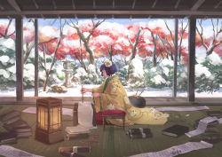 Rule 34 | 1girl, blue eyes, calligraphy brush, commentary request, closed eyes, floral print, flower, from side, full body, hair flower, hair ornament, hieda no akyuu, highres, holding, japanese clothes, kimono, lantern, long sleeves, nagi (xx001122), paintbrush, scroll, short hair, sitting, snow, solo, stone lantern, touhou, tree, wide shot, wide sleeves, writing, yellow kimono
