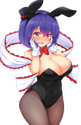 Rule 34 | 1girl, alternate costume, animal ears, bare arms, bare shoulders, black hairband, black hat, blush, bow, bowtie, breasts, cleavage, commentary request, covered navel, cowboy shot, daichi (tokoya), detached collar, embarrassed, fake animal ears, frilled shawl, frills, gloves, groin, hair between eyes, hairband, hands on own cheeks, hands on own face, hat, hat bow, highres, large breasts, leotard, looking at viewer, mini hat, mini top hat, nagae iku, nose blush, pantyhose, playboy bunny, purple hair, rabbit ears, red bow, red bowtie, red eyes, see-through, see-through legwear, shawl, short hair, simple background, solo, standing, thighs, top hat, touhou, white background, white gloves