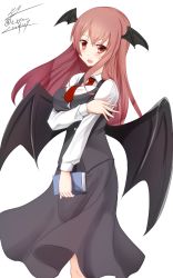 Rule 34 | 1girl, :d, black skirt, black vest, blush, book, breast hold, breasts, dated, demon girl, demon wings, eeryuu (2004107), formal, head wings, highres, holding, holding book, koakuma, large breasts, long hair, long sleeves, looking at viewer, necktie, open mouth, red eyes, red hair, red necktie, shirt, signature, skirt, skirt suit, smile, solo, suit, touhou, twitter username, vest, white background, white shirt, wings
