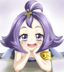 Rule 34 | 1girl, :3, :d, acerola (pokemon), armlet, bare arms, blush, body blush, collarbone, creatures (company), dress, elite four, eyelashes, eyes visible through hair, fingernails, flat chest, flipped hair, game freak, hair ornament, half updo, hands on own cheeks, hands on own face, heart, heart-shaped pupils, lips, looking at viewer, lying, nintendo, on stomach, open mouth, pokemon, pokemon sm, purple eyes, purple hair, short hair, sincos, smile, solo, stitches, symbol-shaped pupils, teeth, tongue, trial captain