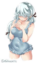 Rule 34 | 1girl, aqua hair, blush, breasts, brown eyes, closed mouth, ebifurya, hamanami (kancolle), highres, kantai collection, long hair, looking at viewer, medium breasts, one-hour drawing challenge, one-piece swimsuit, simple background, solo, swimsuit, twitter username, white background