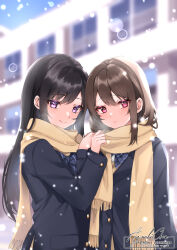 Rule 34 | 2girls, absurdres, artist name, azuukichan, black hair, black jacket, blue bow, blurry, blurry background, blush, bow, brown hair, closed mouth, commentary request, day, highres, jacket, long hair, long sleeves, looking at viewer, multiple girls, original, outdoors, pink eyes, purple eyes, scarf, school uniform, shirt, smile, white shirt, yellow scarf