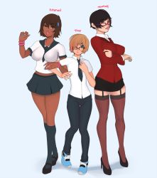 Rule 34 | 1boy, 2girls, androgynous, between breasts, black hair, bracelet, breasts, brown eyes, brown hair, commentary, crossed arms, dark skin, english text, futanari, garter straps, glasses, green eyes, hair ornament, hair over one eye, hairclip, height difference, high heels, jewelry, kneehighs, knees together feet apart, large breasts, lips, locked arms, looking at another, midriff, multiple boys, multiple girls, nail polish, necktie, newhalf, nose piercing, open mouth, original, piercing, pleated skirt, red-framed eyewear, school uniform, short hair, simple background, size difference, skirt, socks, standing, text focus, thighhighs, toxxy, trap, zettai ryouiki