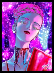 Rule 34 | 1girl, braid, close-up, closed eyes, colored eyelashes, commentary, dated, dress, earrings, emma (veil), eyelashes, hair bun, jewelry, kotteri, necklace, pink light, red dress, red lips, solo, veil (manga)