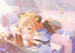 Rule 34 | 1girl, ahoge, alternate costume, animal hood, anklet, bear hood, bed sheet, bedroom, brown shorts, brown sleeves, cellphone, commentary, cona kinaco, english commentary, feet up, highres, holding, holding phone, honkai (series), honkai impact 3rd, hood, indoors, jewelry, long hair, long sleeves, looking at phone, nail polish, on bed, one eye closed, orange eyes, orange hair, phone, pillow, purple nails, second-party source, shorts, smartphone, smile, solo, susannah manatt