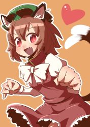 Rule 34 | 1girl, animal ears, blush, brown hair, cat ears, cat tail, chen, dress, earrings, hat, heart, jewelry, juliet sleeves, long sleeves, maru-sun, mob cap, multiple tails, open mouth, puffy sleeves, red dress, red eyes, tail, touhou, two tails