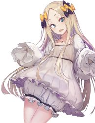Rule 34 | 1girl, abigail williams (fate), akieda, alternate costume, black bow, blonde hair, blue eyes, blush, bow, collarbone, commentary request, dress, fate/grand order, fate (series), frills, hair bow, hair ornament, highres, long hair, long sleeves, looking at viewer, no nose, orange bow, parted bangs, simple background, sleeves past fingers, sleeves past wrists, solo, white background, white dress