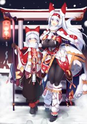 Rule 34 | 1boy, 1girl, blush, bodysuit, bodysuit under clothes, breasts, christmas, fox, fox tail, gloves, hat, highres, large breasts, long hair, looking at viewer, night, open mouth, original, outdoors, red eyes, scarf, silver hair, snow, snowing, standing, sukage, tail, torii