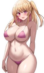 Rule 34 | 1girl, :d, absurdres, alternate breast size, arm behind back, bikini, blonde hair, blush, breasts, colored inner hair, curvy, highres, hoshino ruby, jasony, large breasts, long hair, looking at viewer, micro bikini, mismatched pupils, multicolored hair, navel, one side up, open mouth, oshi no ko, pink bikini, red eyes, simple background, smile, solo, star-shaped pupils, star (symbol), stomach, swimsuit, symbol-shaped pupils, white background