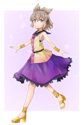 Rule 34 | 1girl, anklet, beige shirt, border, bracelet, breasts, brown eyes, brown hair, closed mouth, commentary request, earmuffs, full body, hair between eyes, high heels, highres, jewelry, kuritsuki, light blush, looking at viewer, outside border, pointy hair, purple background, purple skirt, sarashi, short hair, simple background, skirt, small breasts, smile, solo, touhou, toyosatomimi no miko, walking, white border