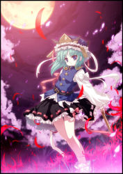 Rule 34 | 1girl, anime coloring, aqua hair, belt, blue eyes, bow, cherry blossoms, female focus, flower, hat, moon, night, petals, rod of remorse, shiki eiki, short hair, skirt, solo, spider lily, tokiame, touhou, wind
