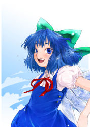 Rule 34 | 1girl, blue eyes, blue hair, bow, cirno, cloud, day, female focus, hair bow, kiriu, matching hair/eyes, open mouth, outdoors, puffy short sleeves, puffy sleeves, shoot the bullet, short hair, short sleeves, sky, solo, standing, touhou