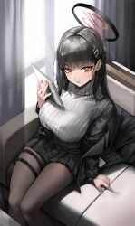 Rule 34 | 1girl, anizi, black hair, black jacket, black pantyhose, black skirt, blue archive, blunt bangs, breasts, bright pupils, couch, grey sweater, hair ornament, hairclip, halo, highres, holding, holding tablet pc, id card, indoors, jacket, large breasts, long hair, long sleeves, looking at viewer, off shoulder, on couch, pantyhose, parted lips, pleated skirt, red eyes, ribbed sweater, rio (blue archive), sitting, skirt, solo, sweater, tablet pc, thigh strap, turtleneck, turtleneck sweater, white pupils