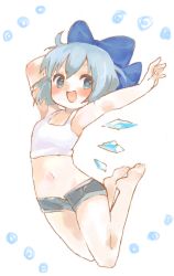 Rule 34 | 1girl, :d, arms up, blue eyes, blue hair, blush, bow, cirno, crop top, hair bow, happy, ice, ice wings, jumping, large bow, navel, open mouth, rattorun, short shorts, shorts, smile, solo, touhou, wings