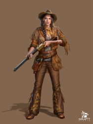 Rule 34 | 1girl, absurdres, arm tattoo, artist logo, belt, blue eyes, braid, braided ponytail, brown background, brown belt, brown footwear, brown hair, brown hat, brown jacket, brown pants, cowboy hat, cowboy western, cowgirl (western), crossdraw holster, finger on trigger, flower tattoo, fringe trim, full body, grafit studio, gun, handgun, handgun cartridge, hat, highres, holding, holding gun, holding weapon, holster, jacket, kerchief, lace-up top, left-handed, long hair, looking to the side, open clothes, open jacket, original, pants, revolver, rifle, shadow, shirt, shoes, simple background, solo, standing, tattoo, weapon, weapon request, white shirt, wild frontier