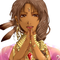 1girl brown_eyes brown_hair commentary_request dancer_(ragnarok_online) dark-skinned_female dark_skin earrings feather_hair_ornament feathers forehead_jewel gem hair_ornament hair_tubes hoop_earrings jewelry long_hair looking_at_viewer lowres mr.romance neck_ring open_mouth portrait ragnarok_online red_gemstone ring simple_background smile solo steepled_fingers white_background