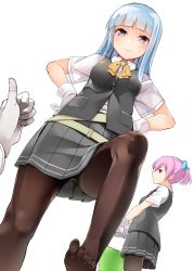 Rule 34 | 10s, 2girls, black legwear, blue eyes, blue hair, bow, bowtie, byte (allbyte), commentary request, feet, from below, gloves, hands on own hips, hatsukaze (kancolle), highres, kantai collection, long hair, multiple girls, pantyhose, pink hair, pleated skirt, ponytail, pov, repair bucket, school uniform, shiranui (kancolle), skirt, stepped on, thumbs up, toes, upskirt, vest, white background