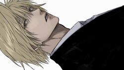 Rule 34 | 1boy, black suit, blonde hair, expressionless, formal, from side, grey eyes, hair between eyes, highres, hunter x hunter, kurapika, looking at viewer, male focus, other focus, ra yu, shirt, simple background, solo, suit, upper body, white background, white shirt