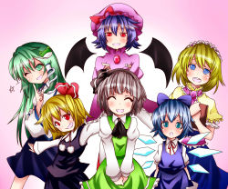Rule 34 | 6+girls, :o, absurdres, alice margatroid, ascot, bat wings, blonde hair, blue eyes, blue hair, blush, book, bow, brooch, capelet, cirno, crossed arms, detached sleeves, dress, closed eyes, fang, finger to own chin, frog hair ornament, green eyes, green hair, hair bow, hair ornament, hair ribbon, hairband, hat, head tilt, highres, ice, ice wings, jewelry, juliet sleeves, kochiya sanae, koniiru, konpaku youmu, light purple hair, lolita hairband, long sleeves, looking at another, looking at viewer, mob cap, multiple girls, open mouth, outstretched arms, pink background, puffy short sleeves, puffy sleeves, red eyes, remilia scarlet, ribbon, rumia, short sleeves, silver hair, skirt, skirt set, snake hair ornament, spread arms, star (symbol), touhou, v arms, wings, wink, wrist cuffs