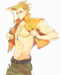Rule 34 | 1boy, abs, belt, blonde hair, blue eyes, boots, capcom, charlie nash, collarbone, commentary request, glasses, groin, male focus, muscular, muscular male, navel, open clothes, open vest, pants, rimless eyewear, solo, stomach, street fighter, street fighter zero (series), tanakalma, vest, yellow eyes