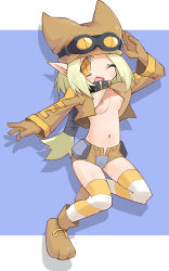 Rule 34 | 1girl, animal hands, animal hat, bad id, bad pixiv id, blonde hair, blush, breasts, brown shorts, clothes lift, collar, disgaea, gloves, goggles, hat, highres, long hair, long sleeves, makai senki disgaea 2, navel, one eye closed, open mouth, pointy ears, ponytail, shirt lift, shorts, small breasts, smile, solo, striped clothes, striped thighhighs, thief (disgaea), thighhighs, tsudero, wink, yellow eyes