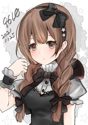 Rule 34 | 1girl, 9610 (kuroto), alternate costume, black hairband, black vest, blouse, braid, brown eyes, brown hair, dated, frilled shirt, frills, hairband, highres, kantai collection, long hair, one-hour drawing challenge, shinshuu maru (kancolle), shirt, solo, twin braids, upper body, vest, white background, white shirt, wrist cuffs