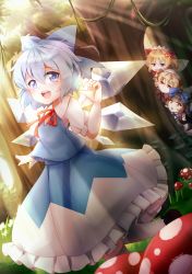 Rule 34 | 4girls, :i, absurdres, anger vein, arm up, behind tree, blonde hair, blue eyes, blue hair, blue skirt, blue vest, bow, bowtie, brown hair, brown neckwear, chestnut mouth, cirno, commentary request, dutch angle, forest, grass, hair between eyes, hair ribbon, headdress, highres, light rays, looking at another, looking at viewer, luna child, merry (cranberry), multiple girls, mushroom, nature, open mouth, orange eyes, outdoors, peeking out, plant, puffy short sleeves, puffy sleeves, red eyes, red neckwear, red ribbon, ribbon, shirt, short hair, short sleeves, skirt, star sapphire, sunbeam, sunlight, sunny milk, teeth, thick eyebrows, touhou, twintails, upper body, upper teeth only, vest, vines, white headwear, white shirt
