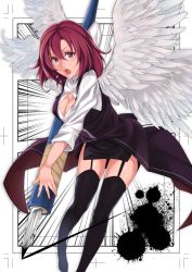 Rule 34 | 1girl, angel wings, bent over, black thighhighs, breasts, cleavage, cleavage cutout, clothing cutout, garter straps, looking at viewer, makita (twosidegekilove), multiple wings, open mouth, original, pen, purple eyes, red hair, skirt, solo, speed lines, thighhighs, wings