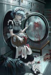 Rule 34 | 1boy, 1girl, apron, basket, black dress, blood, blood on clothes, blood on face, blue eyes, blue hair, breasts, cigarette, corpse, crossed legs, dress, earrings, frilled dress, frills, full body, highres, indoors, jewelry, laundromat, lighter, looking at viewer, maid, maid headdress, mary janes, medium breasts, original, pantyhose, paran, shoes, short hair, short sleeves, sitting, smoke, smoking, solo focus, stairs, stud earrings, trash bag, twitter username, white apron, white pantyhose