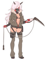 Rule 34 | 1girl, absurdres, belt, black bra, black footwear, black panties, blade horns, boots, bra, breasts, contrapposto, covered mouth, enkyo yuuichirou, full body, gas mask, gloves, grey jacket, grey thighhighs, hair between eyes, hair over one eye, highres, holding, holding weapon, horns, jacket, leg strap, long hair, long sleeves, looking at viewer, mask, medium breasts, navel, one eye covered, open clothes, open jacket, original, panties, pink hair, pouch, red eyes, red gloves, simple background, solo, standing, thigh strap, thighhighs, underwear, weapon, white background, zipper