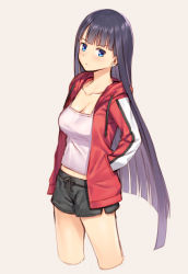Rule 34 | 1girl, beige background, blue eyes, blunt bangs, breasts, camisole, casual, cleavage, collarbone, contemporary, cropped legs, earrings, fate/grand order, fate (series), hands in pockets, hood, hooded jacket, hoodie, jacket, jewelry, large breasts, long hair, looking away, martha (fate), martha (swimsuit ruler) (fate), midriff, mikazuchi zeus, open clothes, open hoodie, open jacket, purple hair, shorts, simple background, solo, very long hair